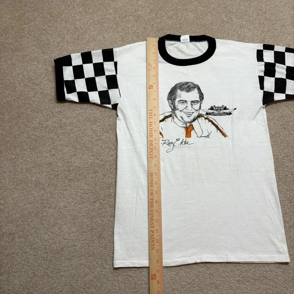 Vtg 70s NASCAR Shirt Ray Elder‎ XL 18-20 Fits Small White Sears Checkered Sleeve